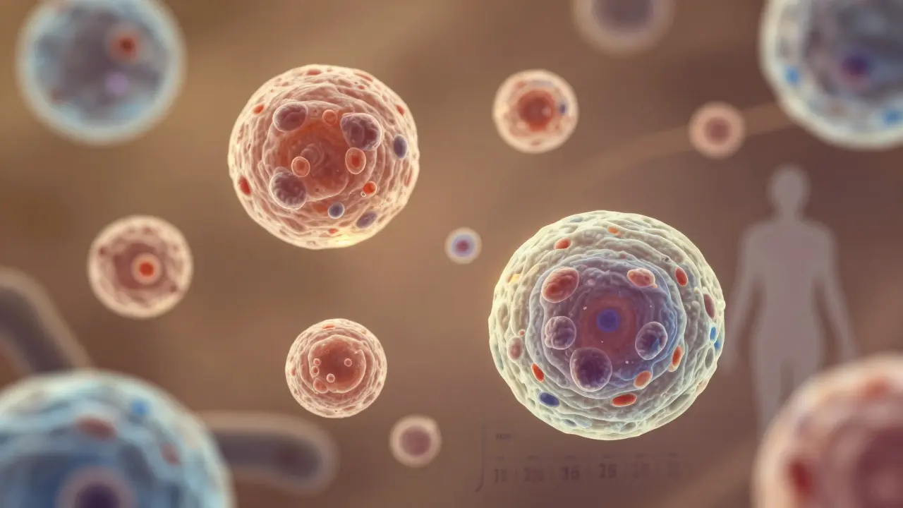 Zvětšené buňky děložního čípku pod mikroskopem: normální, atypické a přednádorové.