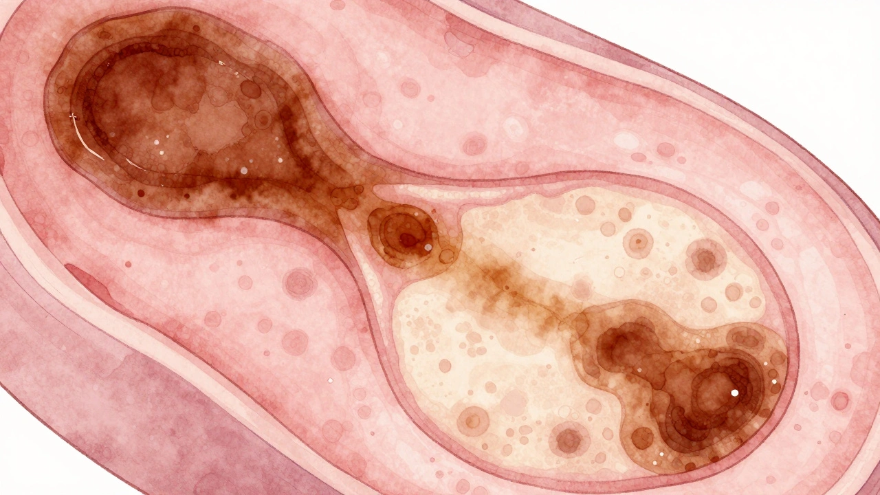 Zvětšený pohled na děložní čípek s rozdílně obarvenými oblastmi po aplikaci jódového roztoku.