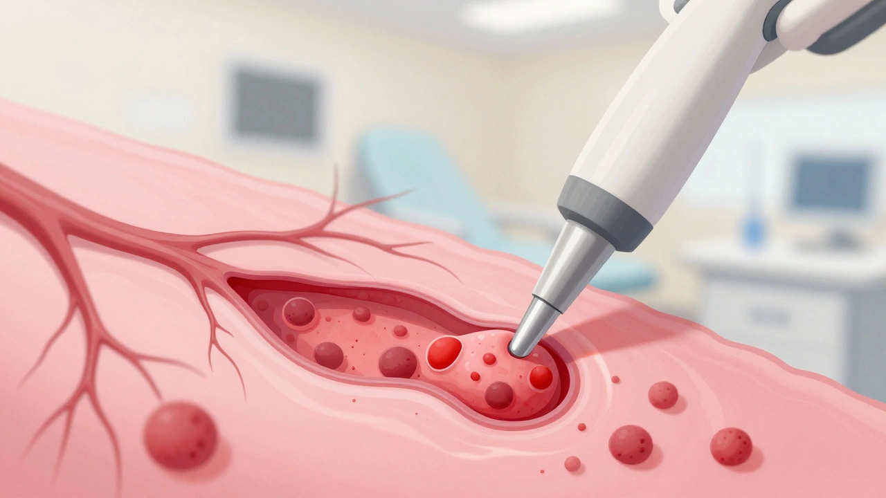 Zvětšený řez děložním hrdlem s odstraňovaným kuželovitým kouskem tkáně laserem.