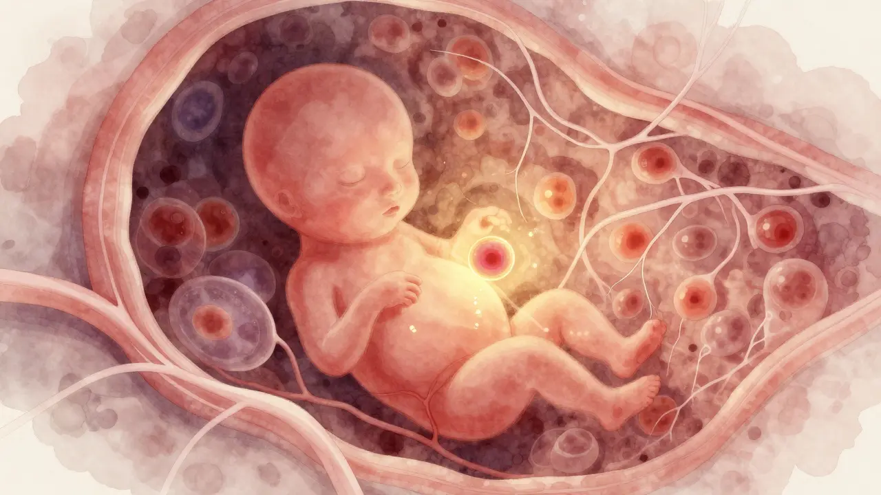 Abstraktní znázornění raného vývoje plodu jako světelného shluku buněk v děloze.