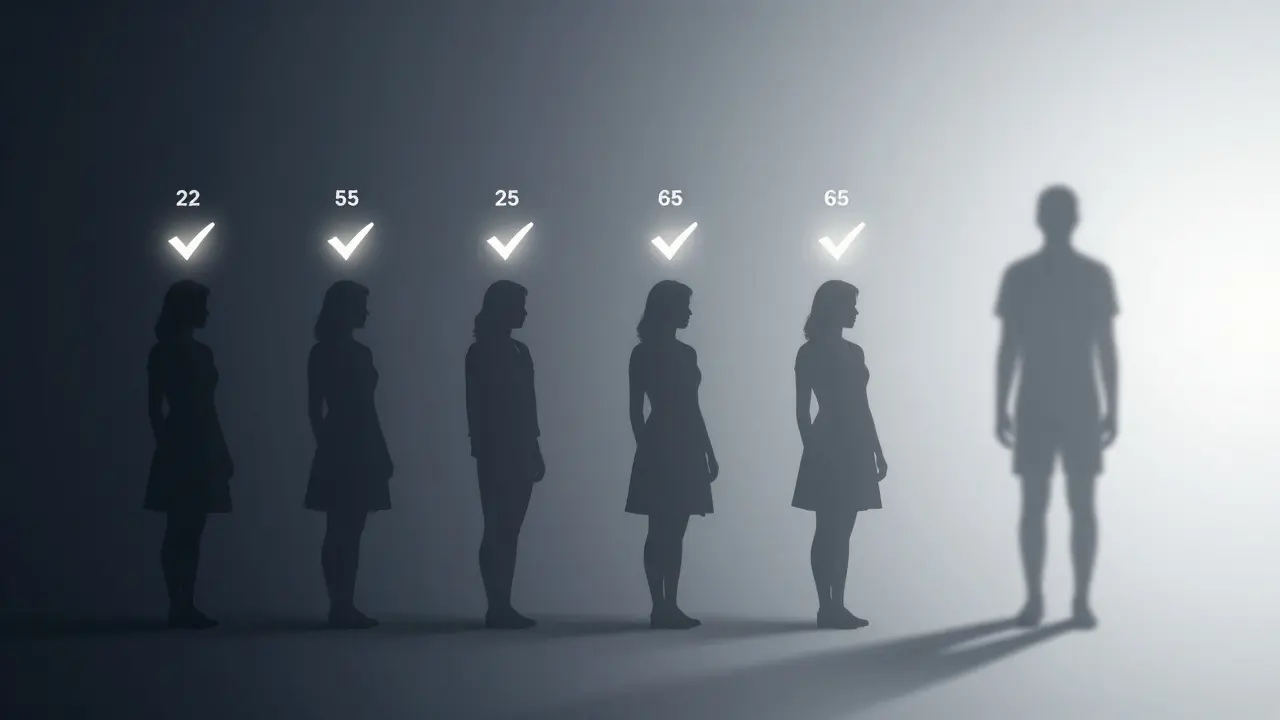 Časová osa ženy s pěti kontrolami, které odstraňují obraz rakoviny.