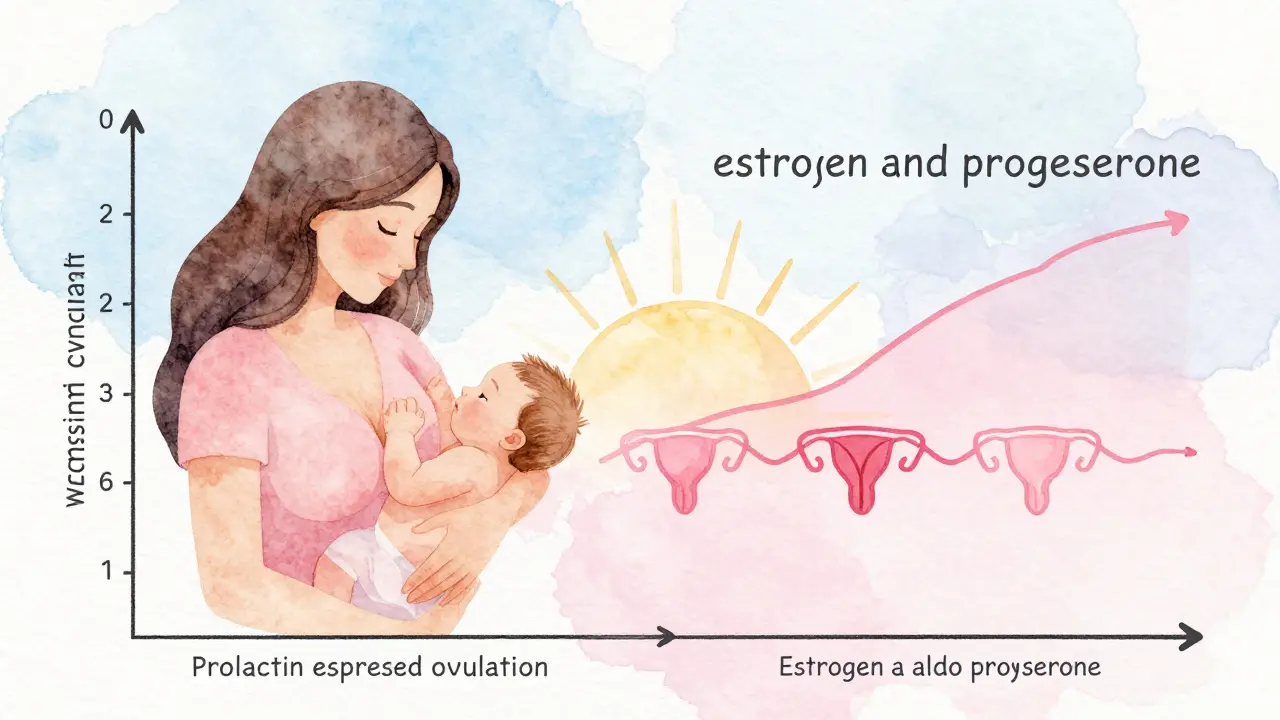 Ilustrace hormonálních změn po porodu: prolaktin potlačuje ovulaci, zatímco estrogen a progesteron se obnovují.