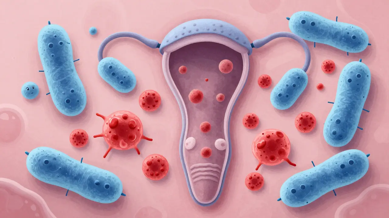 Ilustrace rovnováhy prospěšných bakterií a kvasinek v pochvě.