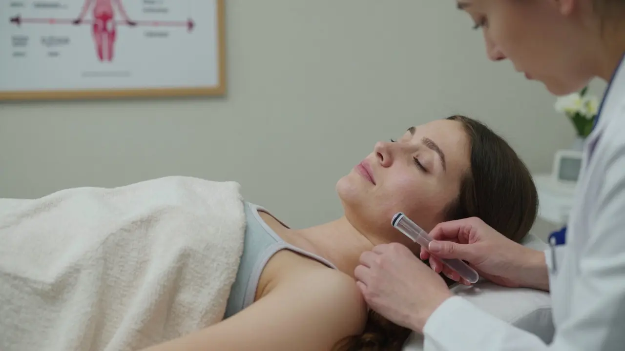 Jemné vyšetření pomocí vaginoskopu, dívka je pokrytá plachtou, lékařka pracuje opatrně.