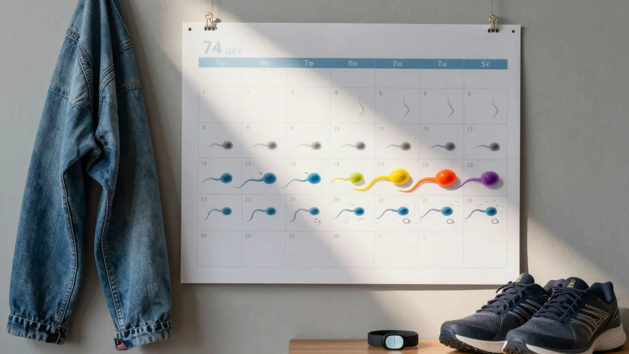Kalendář s 74 dny, kde spermie postupně získávají správný tvar, na pozadí kalhoty a boty.