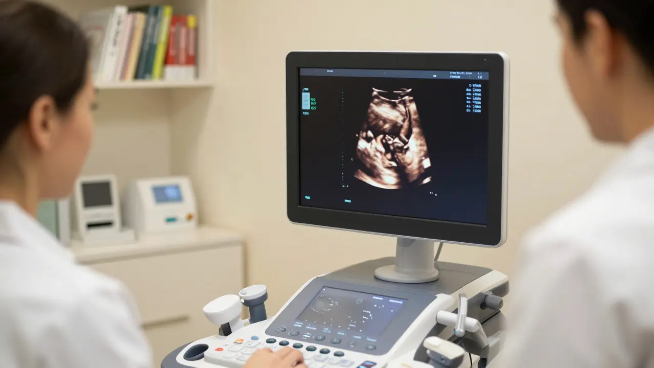 Moderní ultrazvukový přístroj v Brně zobrazující první pulz srdce plodu.