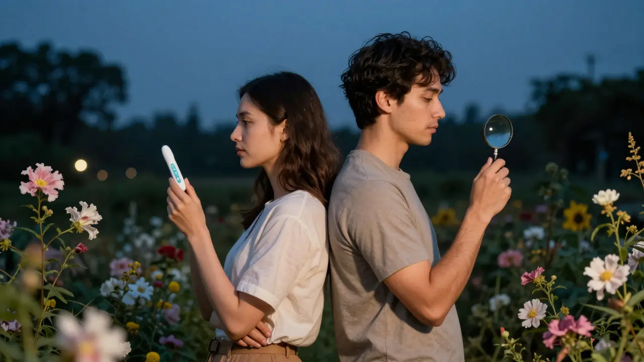 Muž a žena v zahradě drží symboly plodnosti při západu slunce.