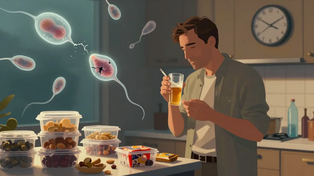 Muž drží pivo a cigaretu, kolem něj plastové nádoby a sladkosti, spermie jsou poškozené.