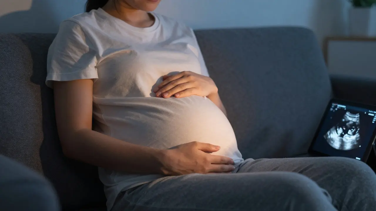 Muž klade ruku na břicho těhotné partnerky ve večerní klidné místnosti.