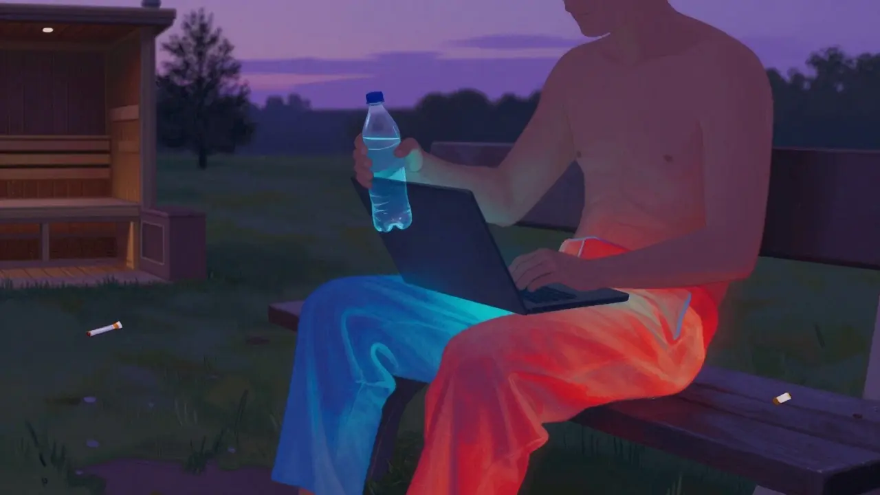 Muž na lavičce v parku, tepelný obraz ukazuje chladné varlata, za ním sauna a cigareta.