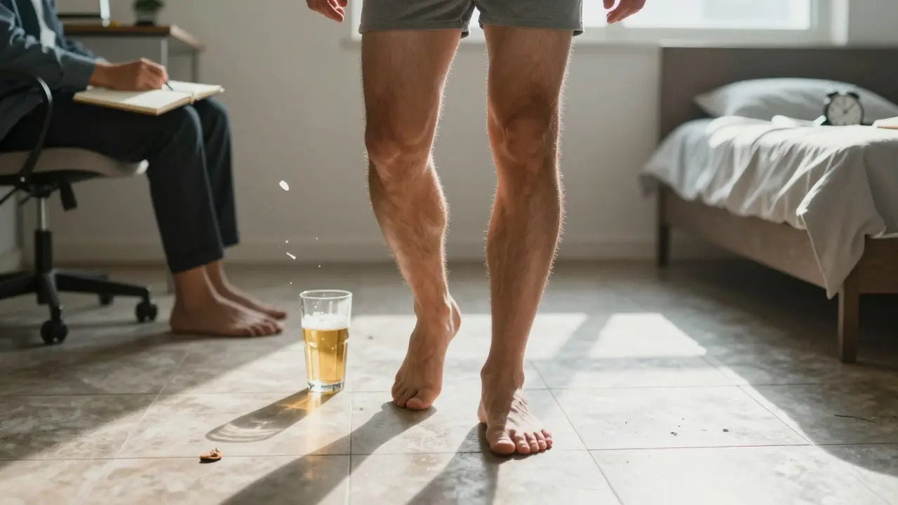 Muž vystupuje z těsných kalhot na chladnou dlažbu, symbolizující změnu k lepšímu.