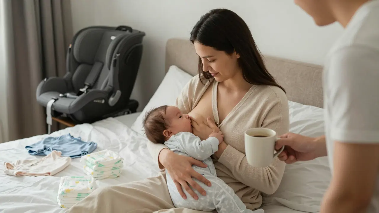 Nová matka kojí dítě v domácím prostředí, partner přináší nápoj.