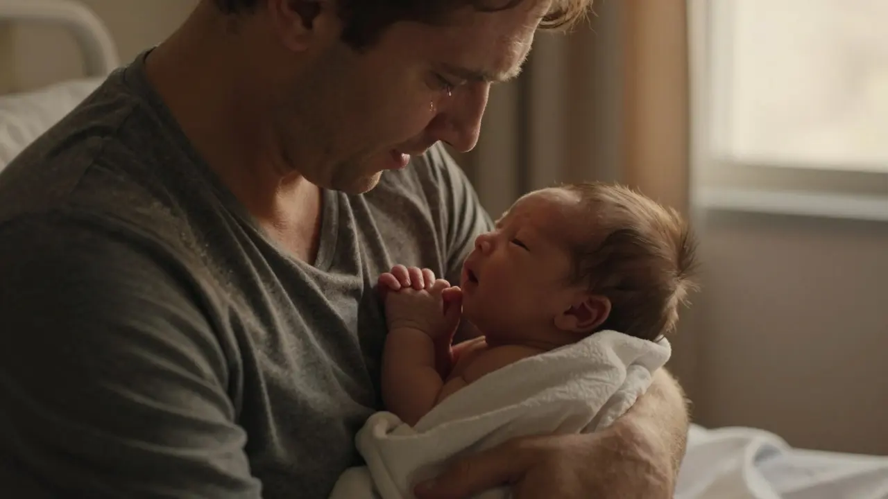 Nový otec drží novorozence u hrudi v nemocnici, oba jsou obalení plánkami v jarním světle.