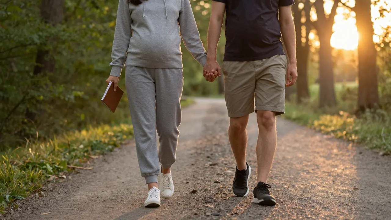 Pár prochází lesem ve slunečném odpoledne, symbolizující klid a společnou cestu k otěhotnění.