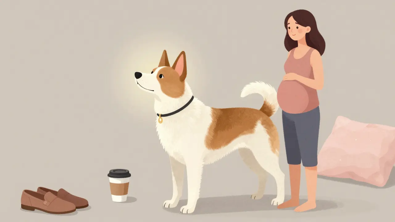 Pes číhá a cítí změny v pachu těhotné ženy v domácím prostředí.