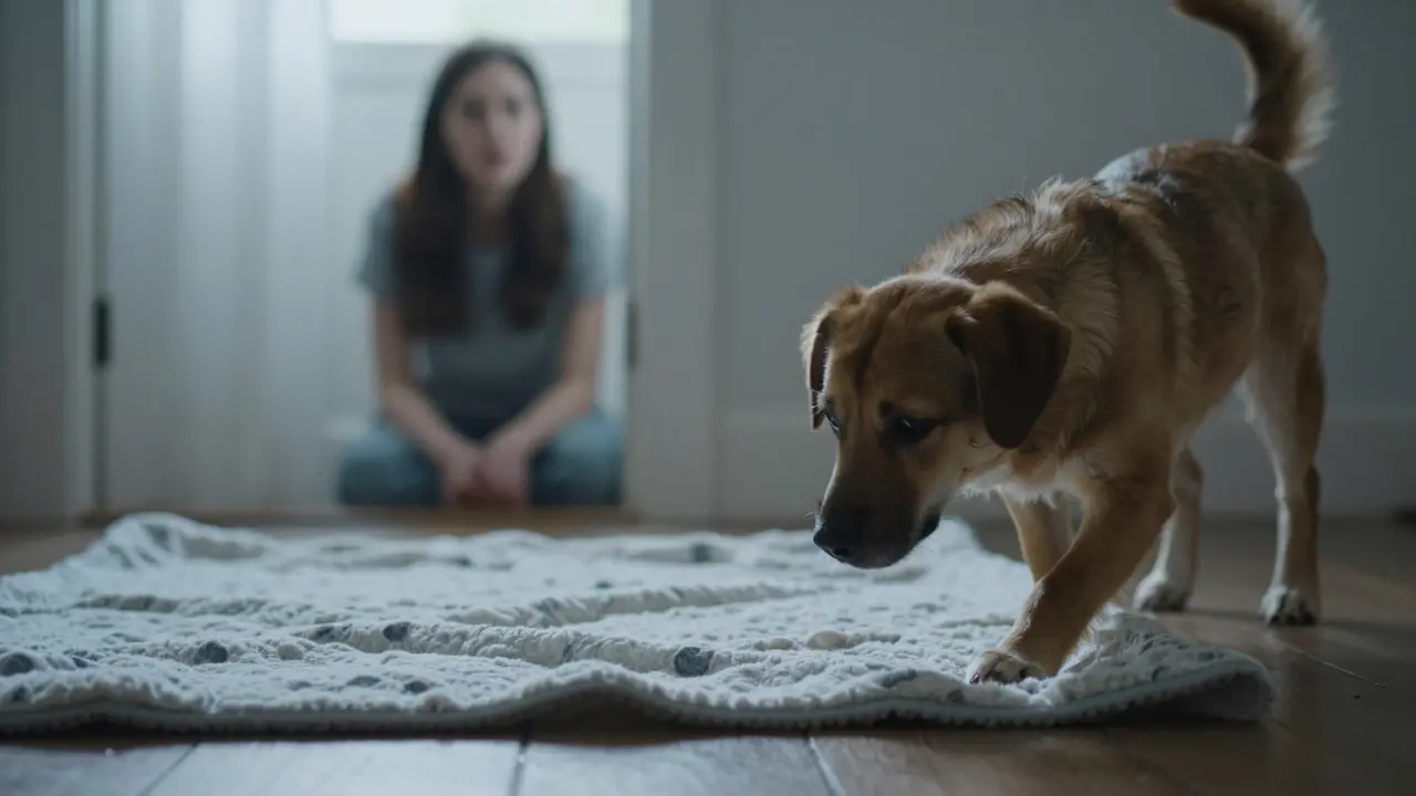 Pes se opatrně přibližuje k dětské pladě, zatímco žena pozoruje z dálky.