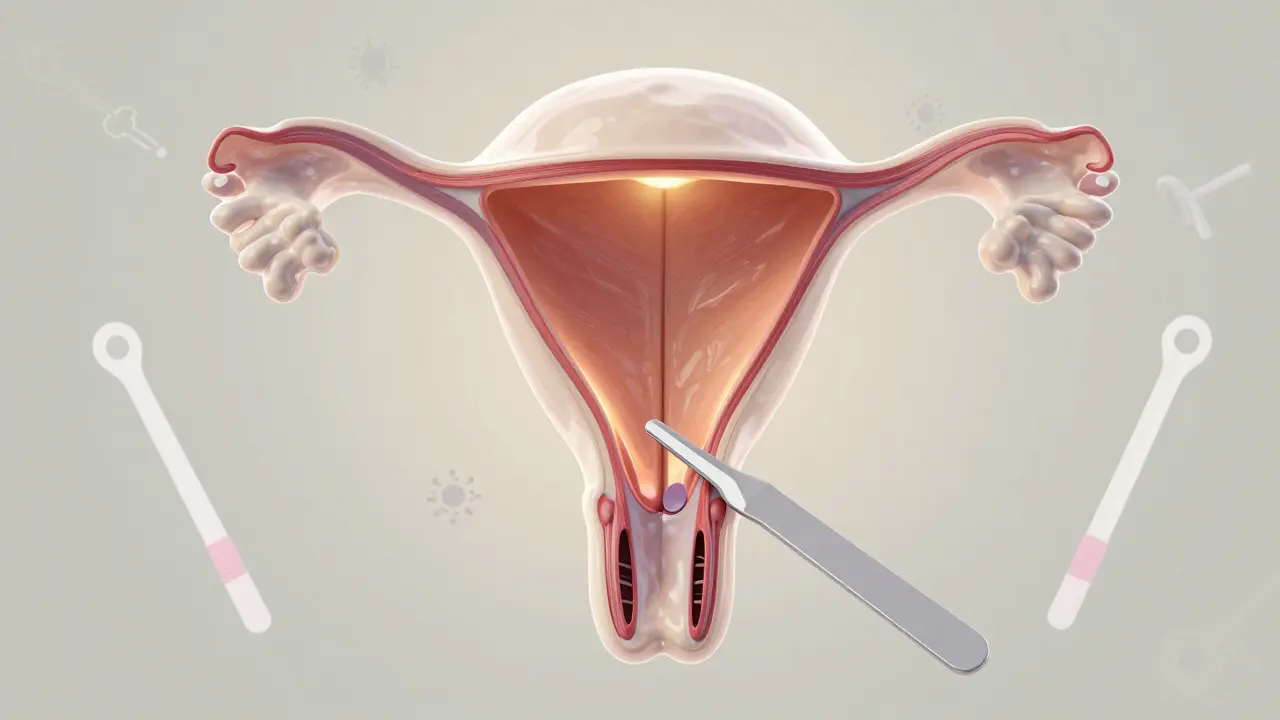 Průhledný model pánve s rozšířeným speculem a viditelnou šíjí dělohy.