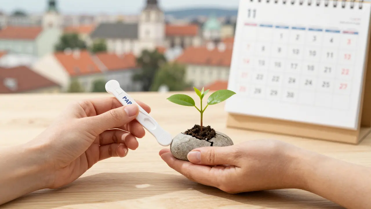 Ruce drží PAP test a rostoucí rostlinu – symbol prevence a péče o ženské zdraví.