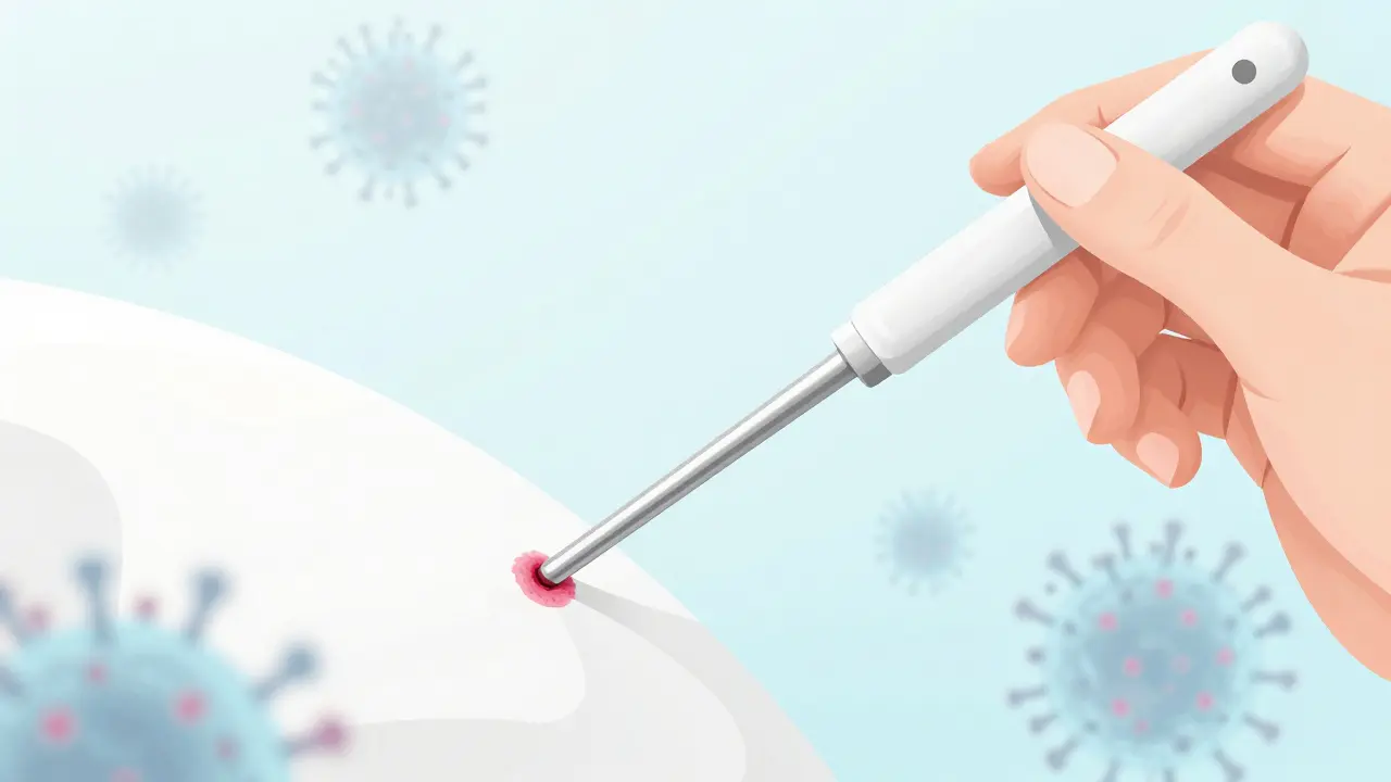 Ruce s tenkou štěticí sbírají buňky z děložního hrdla, symbolizující rané zjištění HPV.