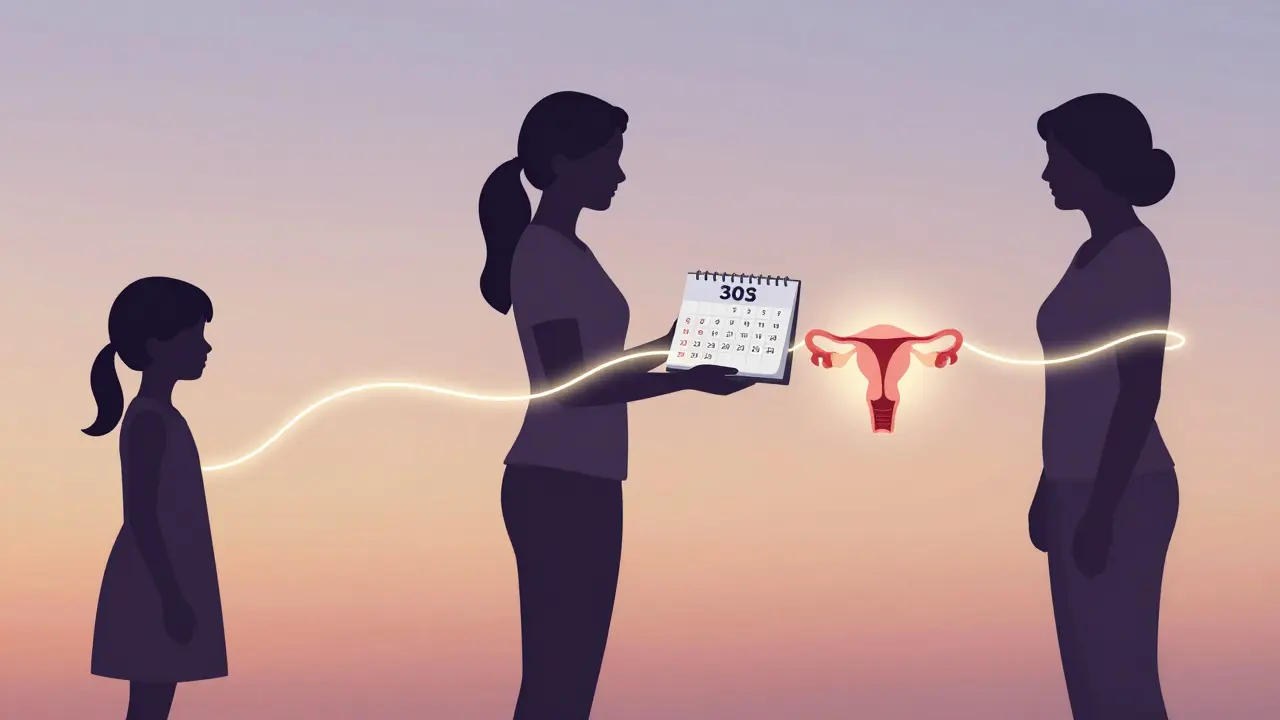 Symbolická ilustrace ženského zdraví od puberty po menopauzu spojená světelnou linkou.