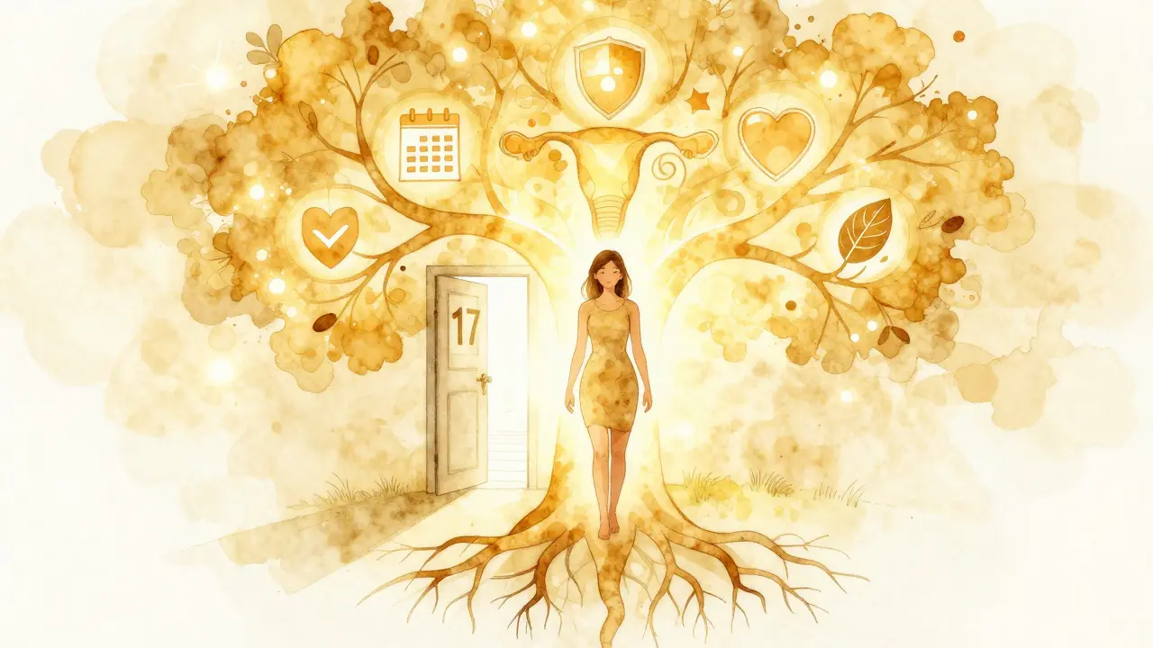 Symbolický obraz mladé ženy stojící před stromem, jehož kořeny a větve představují zdraví a sebekontrolu.