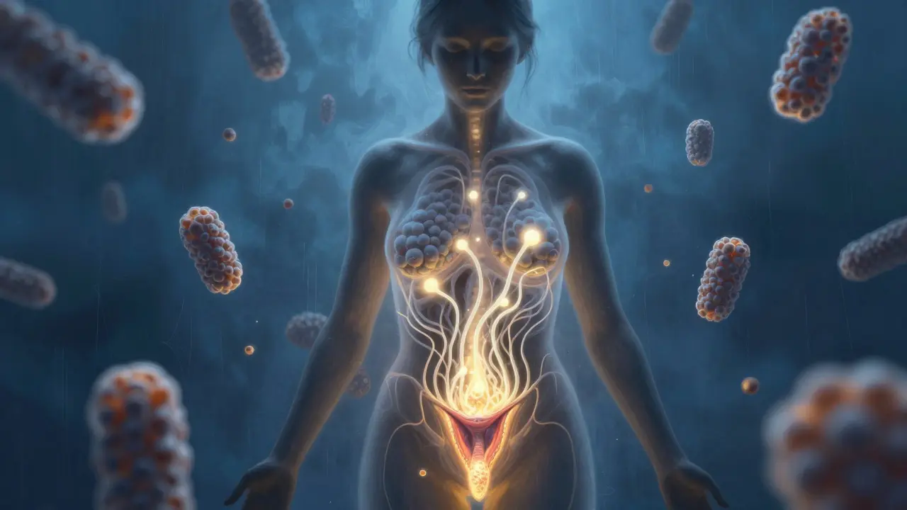 Symbolický obraz těla s kvasinkami šířícími se v pochvě a zářícími probiotiky.