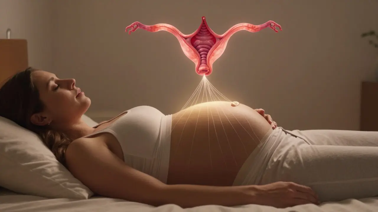 Těhotná žena klidně leží, zatímco jemné světelné vlákna symbolizují zkracování čípku.