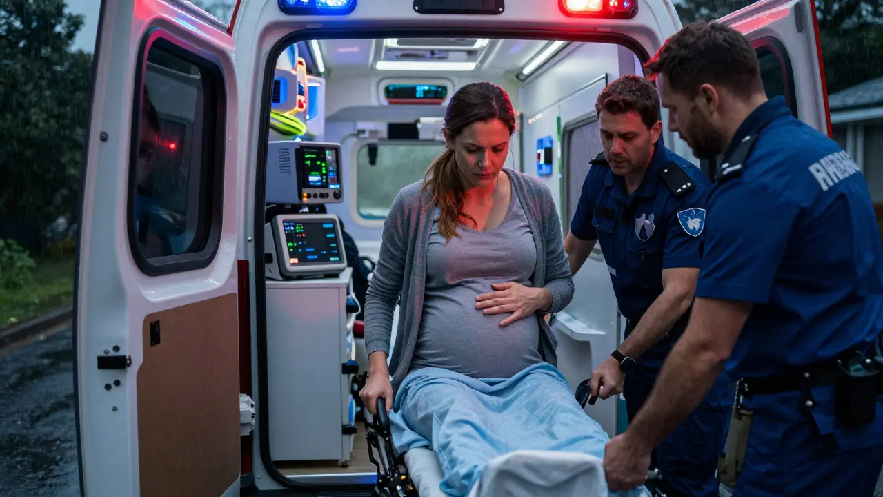 Těhotná žena v třetím trimestru převážena sanitkou s lékařským personálem.