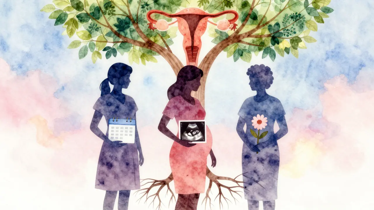 Tři ženy v různých věkových fázích symbolizují péči o ženské zdraví.
