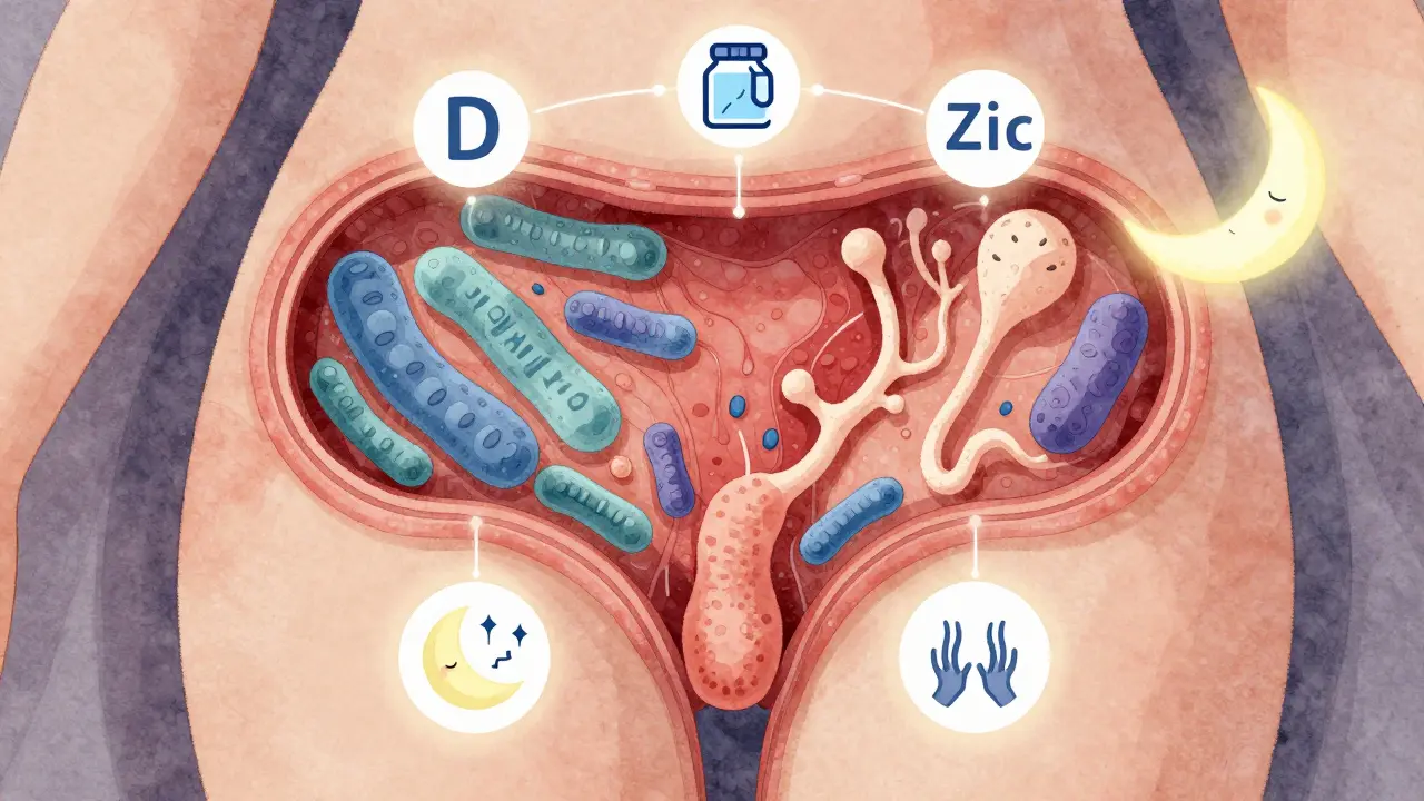 Umělecká ilustrace rovnováhy zdravé mikroflóry v těle proti kvasinkám.