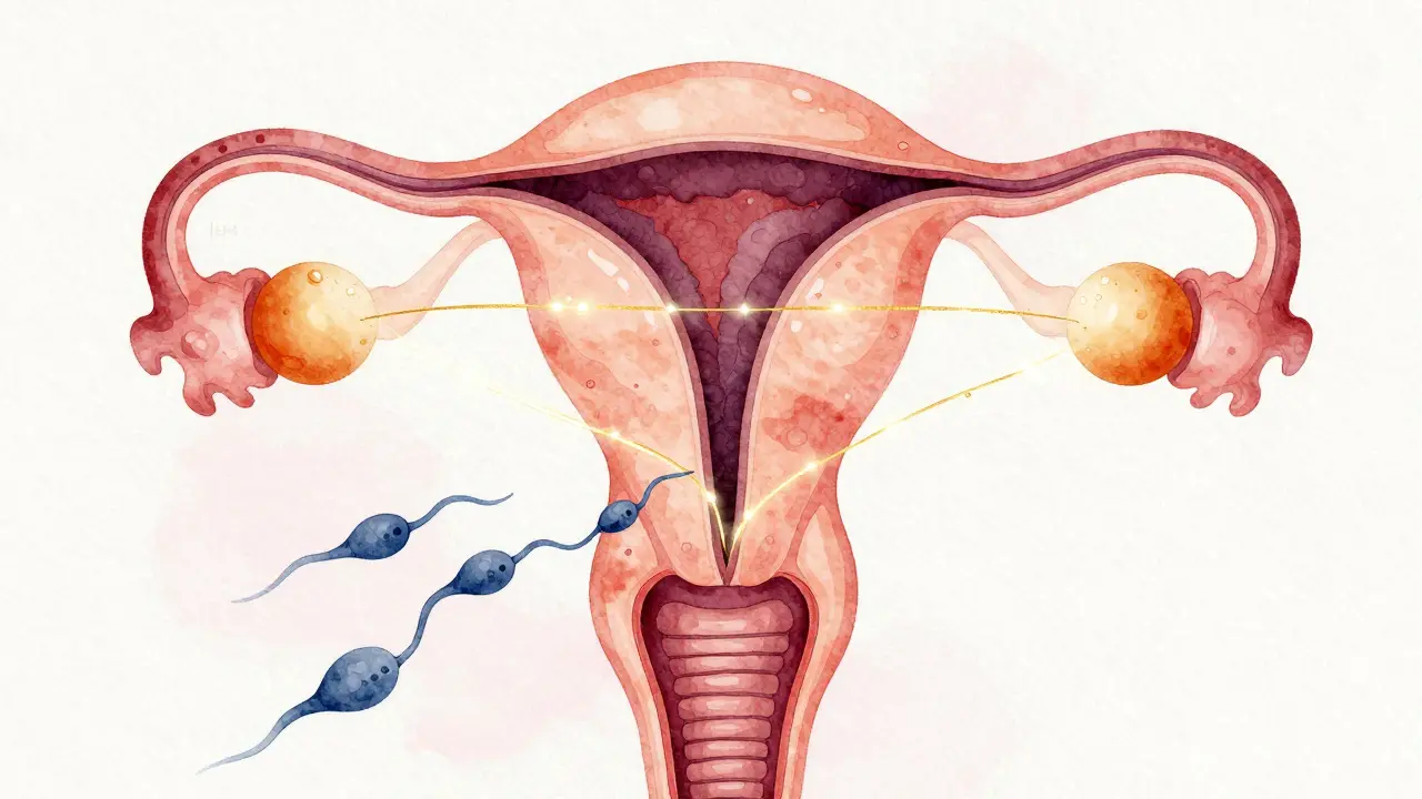 Vnitřní pohled na vajíčko a spermie v plodném okně ženského těla.