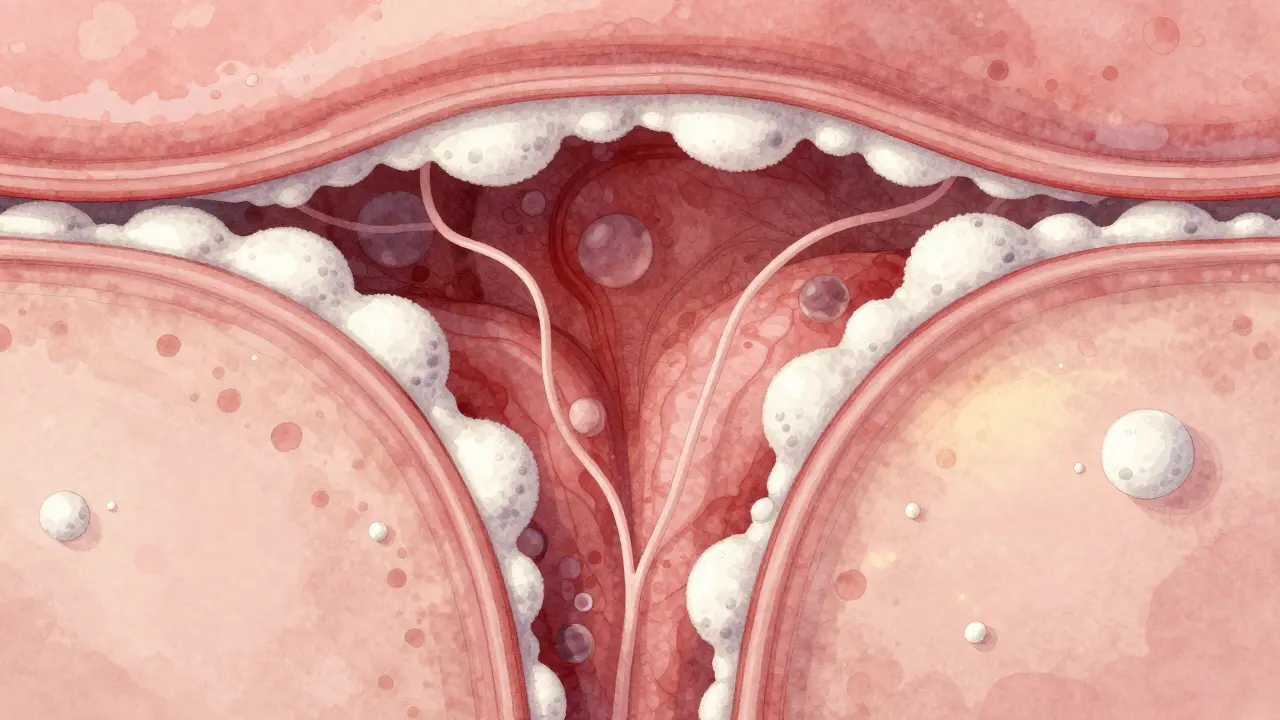 Vnitřní výřez pochvy s bílými plackami kvasinek na zánětlivé sliznici.