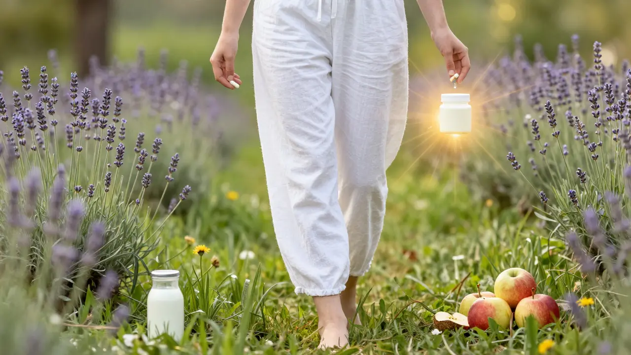 Žena chodí v volném oblečení s probiotiky a kokosovým olejem, symbolizující prevenci.
