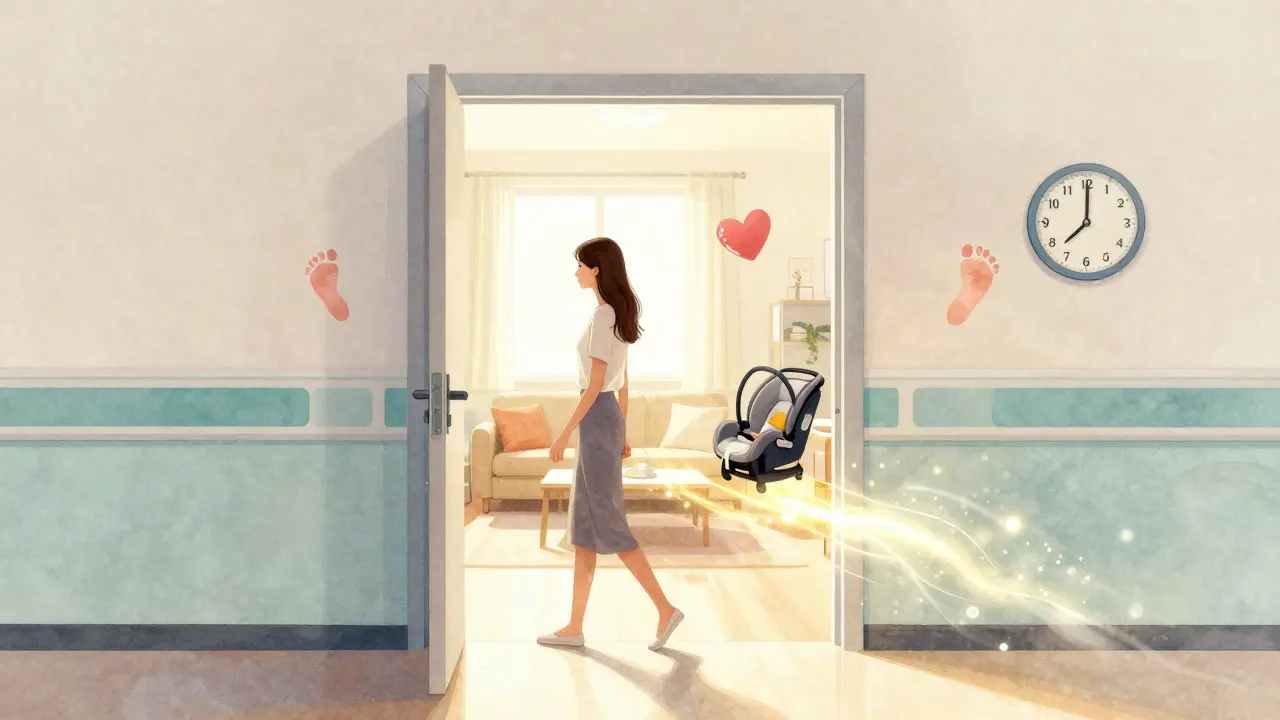 Žena kročí z nemocnice do domu, symbolizující přechod do nového života.