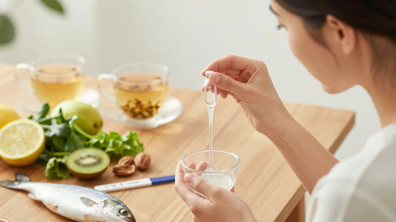 Žena pozoruje výtok s průhledným slizem vedle zdravých potravin jako oříšky, ryby a zelenina.