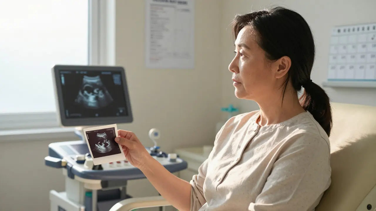 Žena v gynekologické ordinaci drží ultrazvukový snímek s podezřelým nádorem, sluneční světlo a klidná atmosféra.