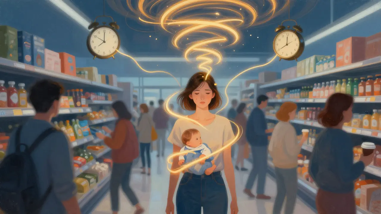 Žena v obchodě, kolem ní spirály úzkosti, ale ona je klidná a vzdálená.