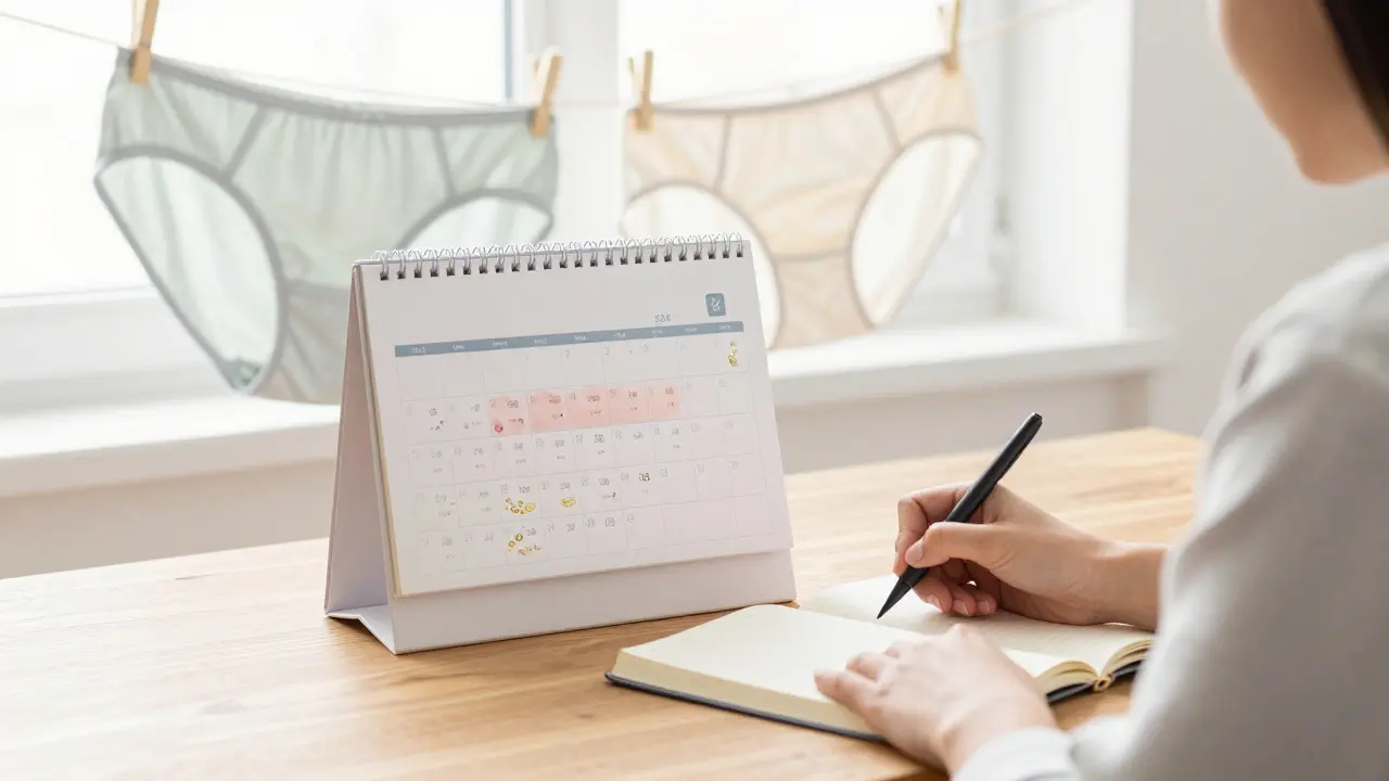 Žena vede deník se záznamy o stravě, probiotikách a spánku, zatímco bavlněné podpěry suší u okna.