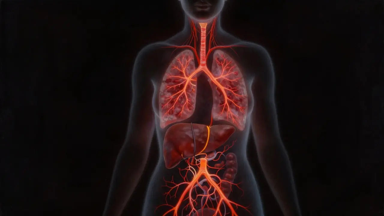 Ženský silueta s červenými žilami šířícími se z vaječníků do břicha, jater a plic, symbolizující rychlý rozvoj nádoru.