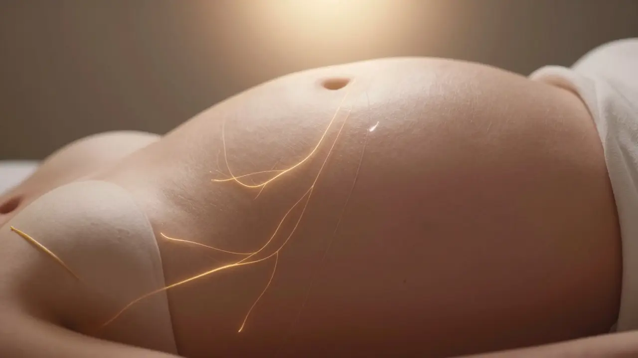 Detail břicha ženy v porodu, kde jsou vidět svalová vlákna při roztažení dělohy.