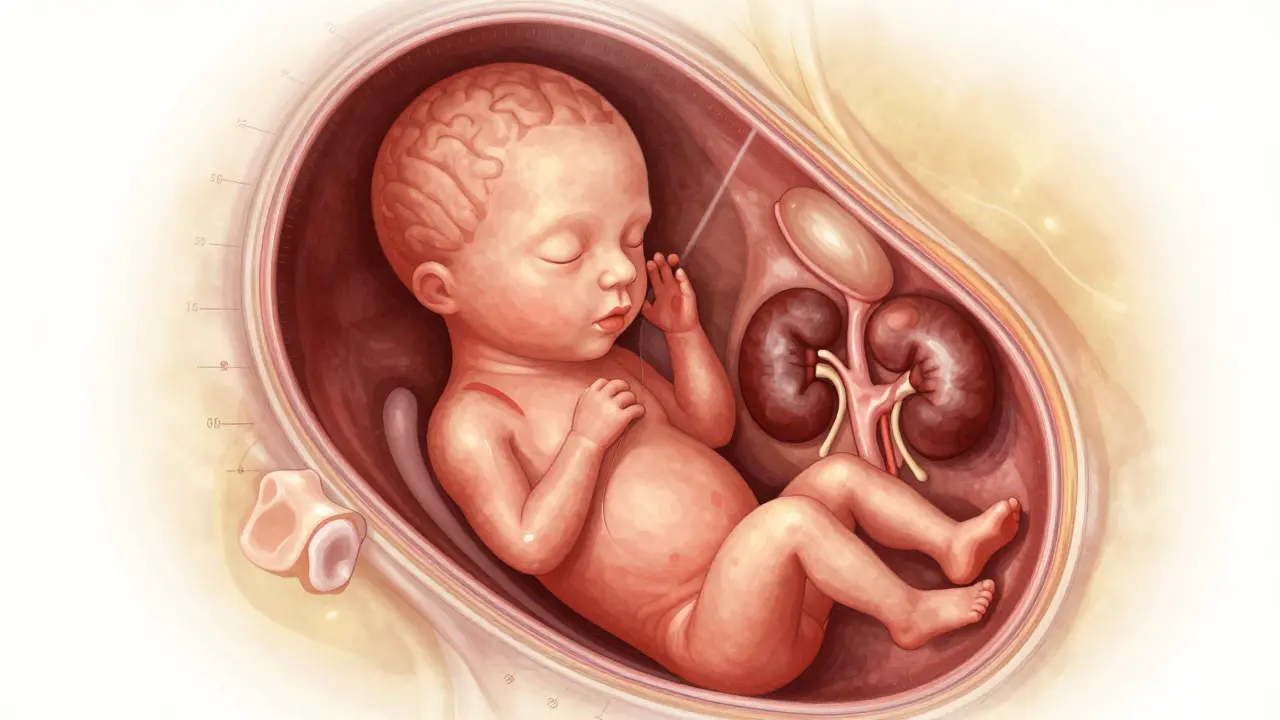 Detailní obraz plodu během anatomického vyšetření s viditelnými orgány.