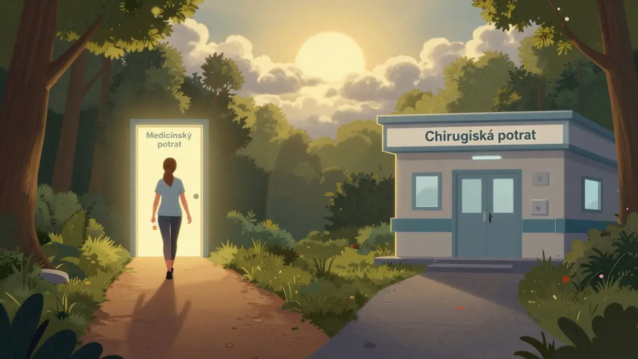 Dvě cesty v lese symbolizují medicínský a chirurgický potrat s jasným výběrem.