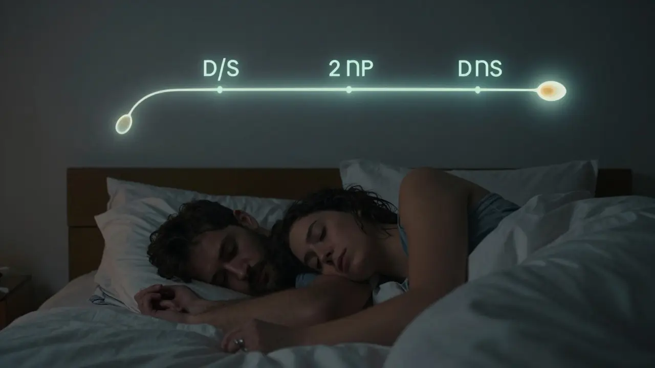 Dvojice klidně leží v posteli, nad nimi jemně zářící časové okno plodnosti.