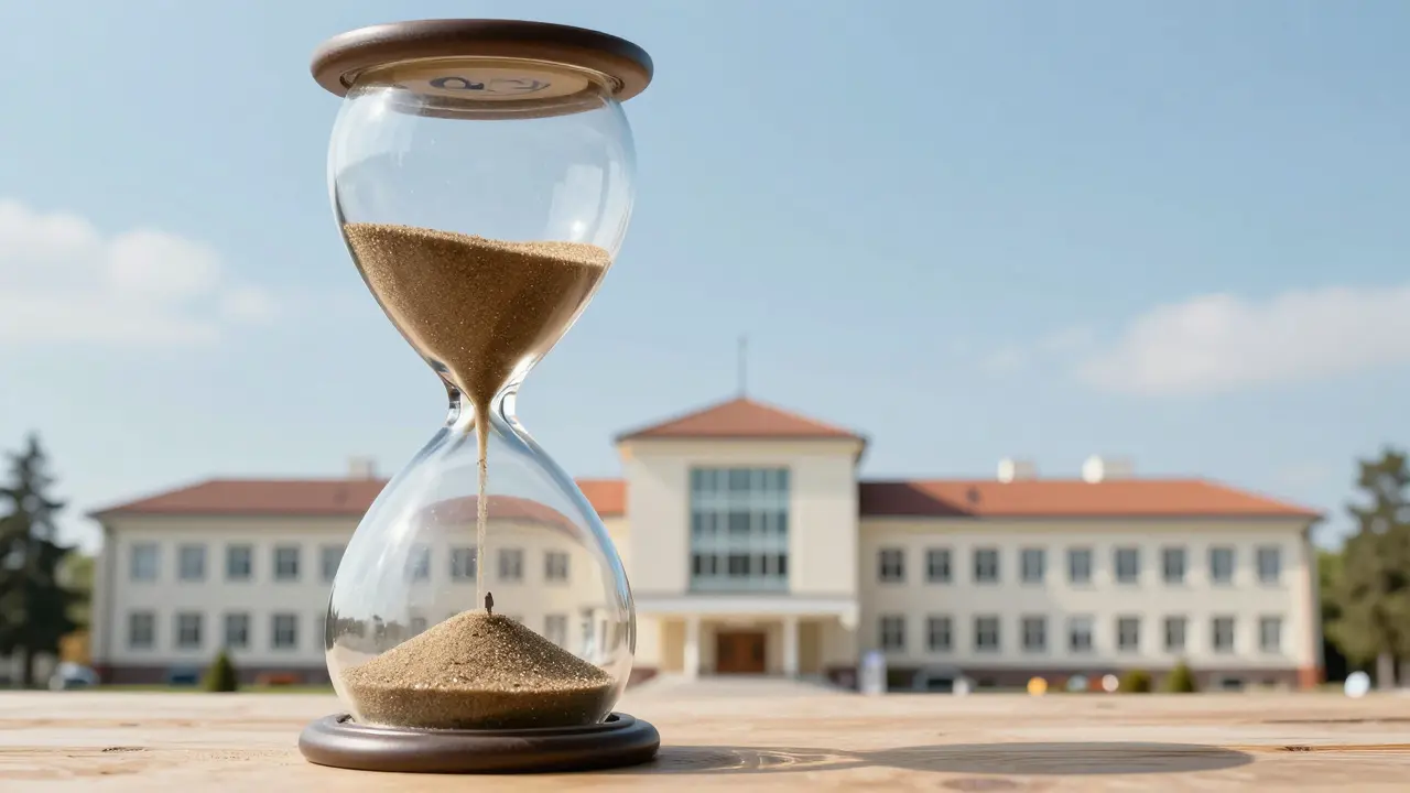 Hodiny písku s lidskými siluetami proudícími z července do září, s nemocnicí a školou na pozadí.