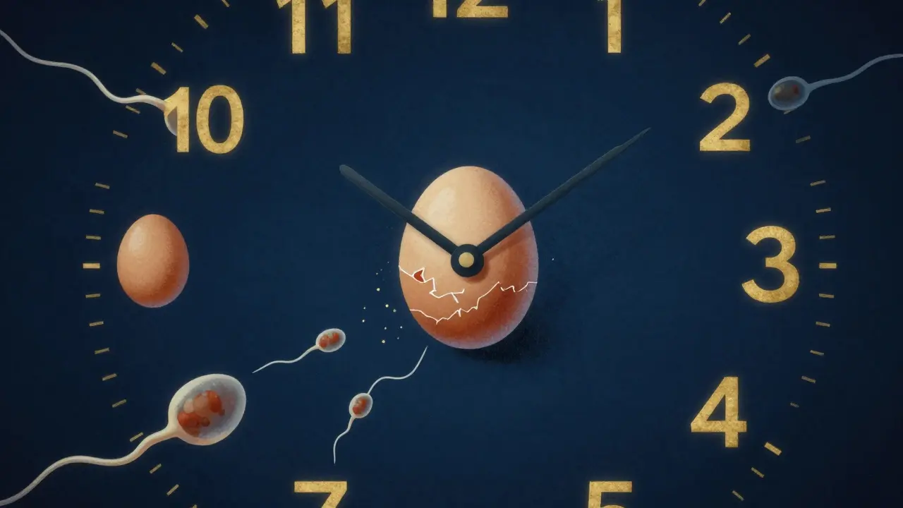 Hodiny s cyklem menstruace, kde vajíčko zaniká po 24 hodinách, spermie se rozplynou.