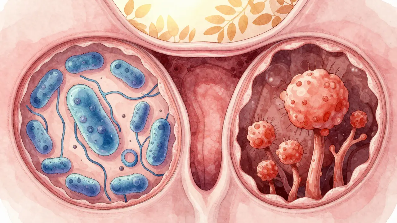 Ilustrace rovnováhy mezi užitečnými bakteriemi a houbami v pochvě.