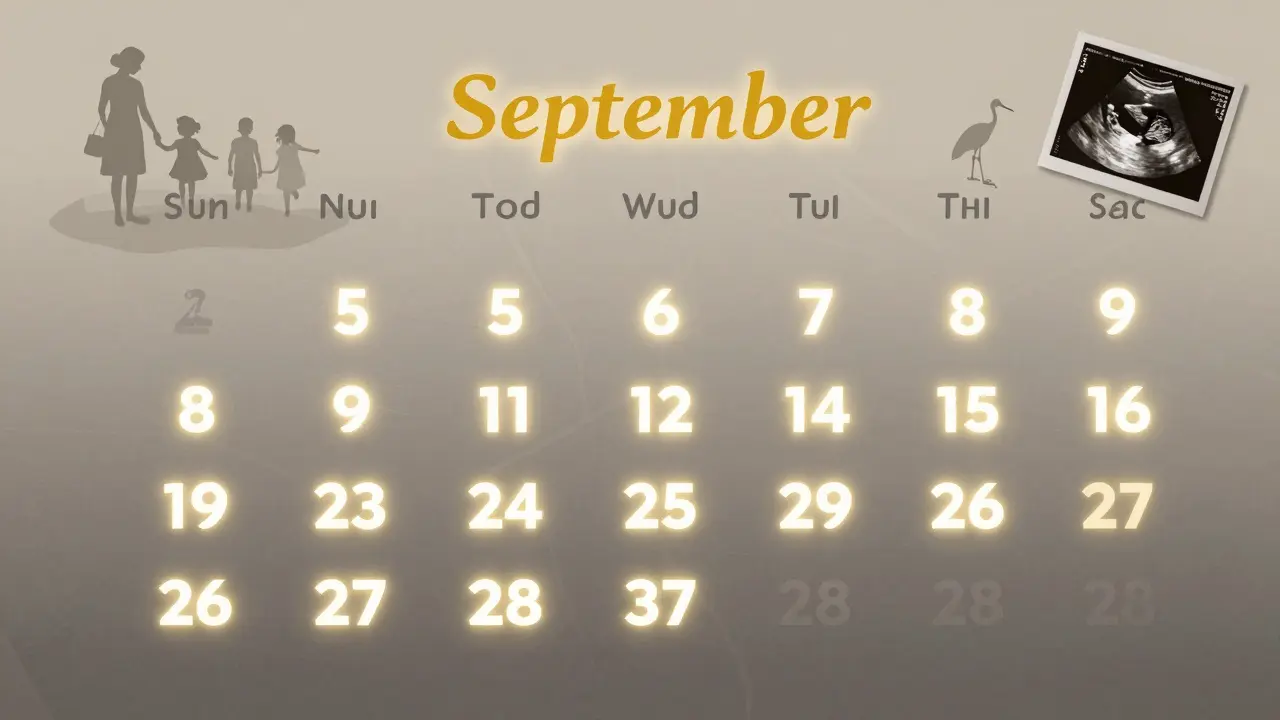 Kalendářový list září s vysvícenými dny 5.–9. a symboly narozenin a těhotenství.