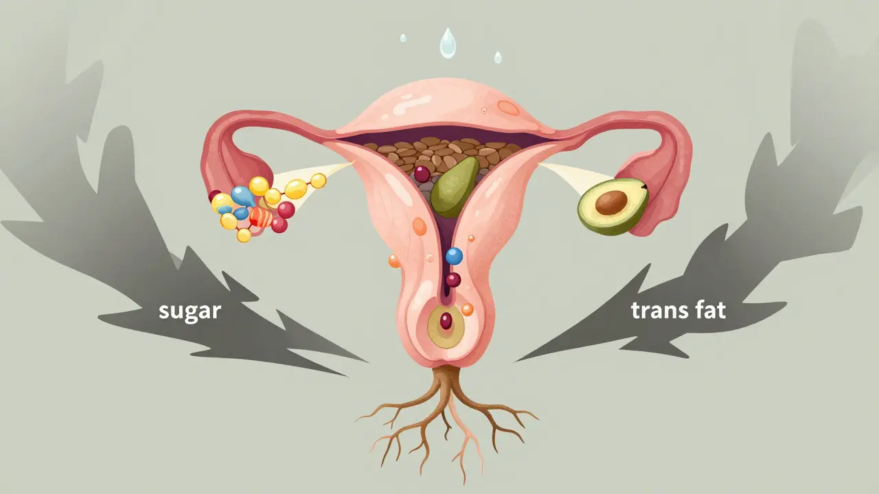Konceptuální ilustrace vaječníku jako květiny živěná zdravými potravinami