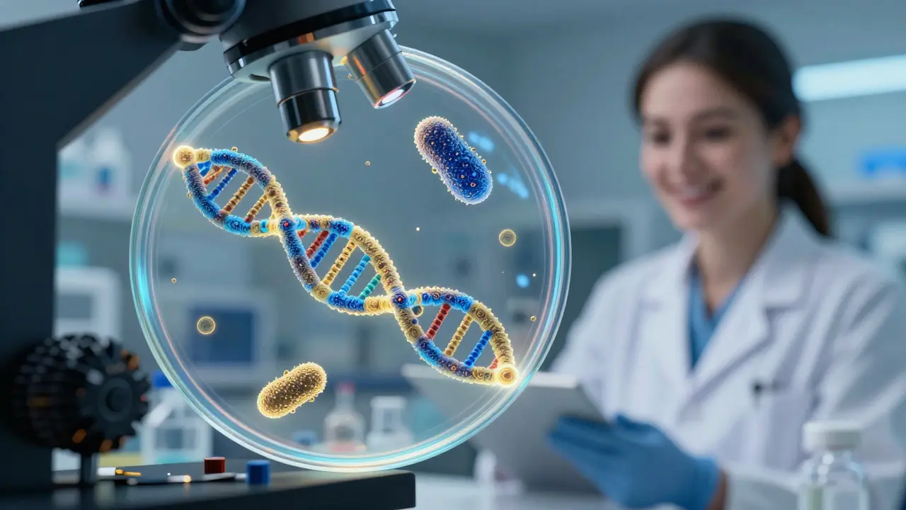 Laboratorní mikroskopický pohled na DNA bakterií Chlamydia a Ureaplasma ve výzkumné laboratoři.