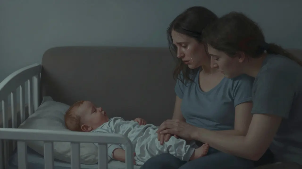 Matka pláče na křesle, partner drží její ruku, chladné osvětlení